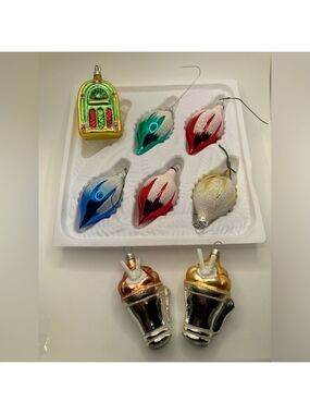 Vtg Blown Glass Jukebox Milkshakes & Multi Colour Glitter Bulb Ornaments Retro